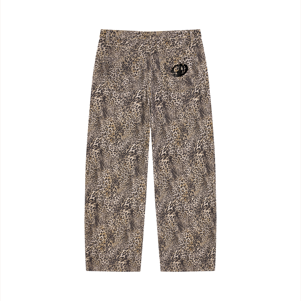 Unisex Vintage Wash Leopard Wide Leg Jeans