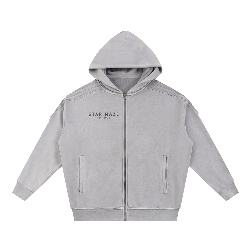 Snow Washed Tape Raw Edge Zip Hoodie