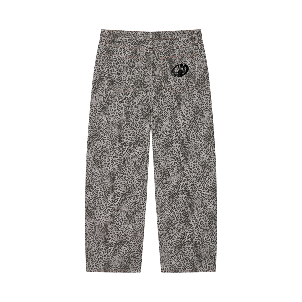 Unisex Vintage Wash Leopard Wide Leg Jeans
